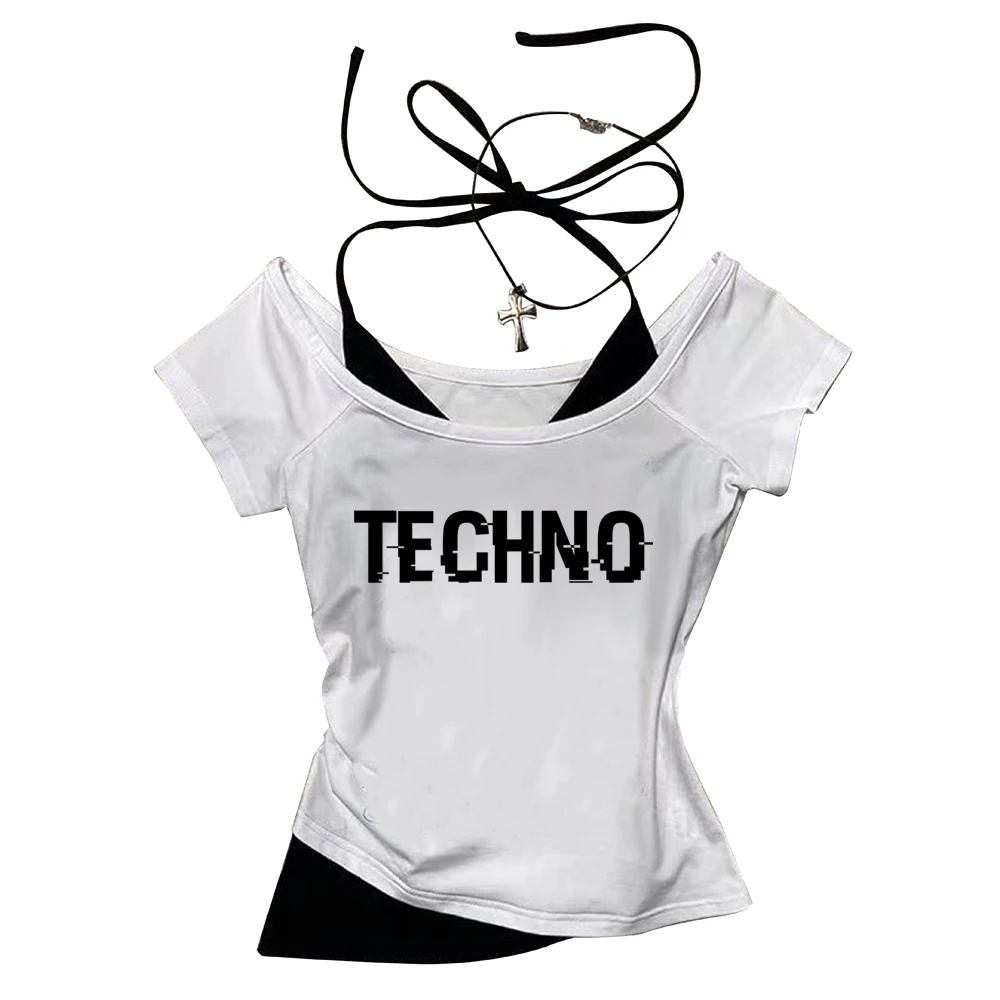 Techno crop top women cutecore baddie funny manga t-shirt gothic party japanese cutecore scene