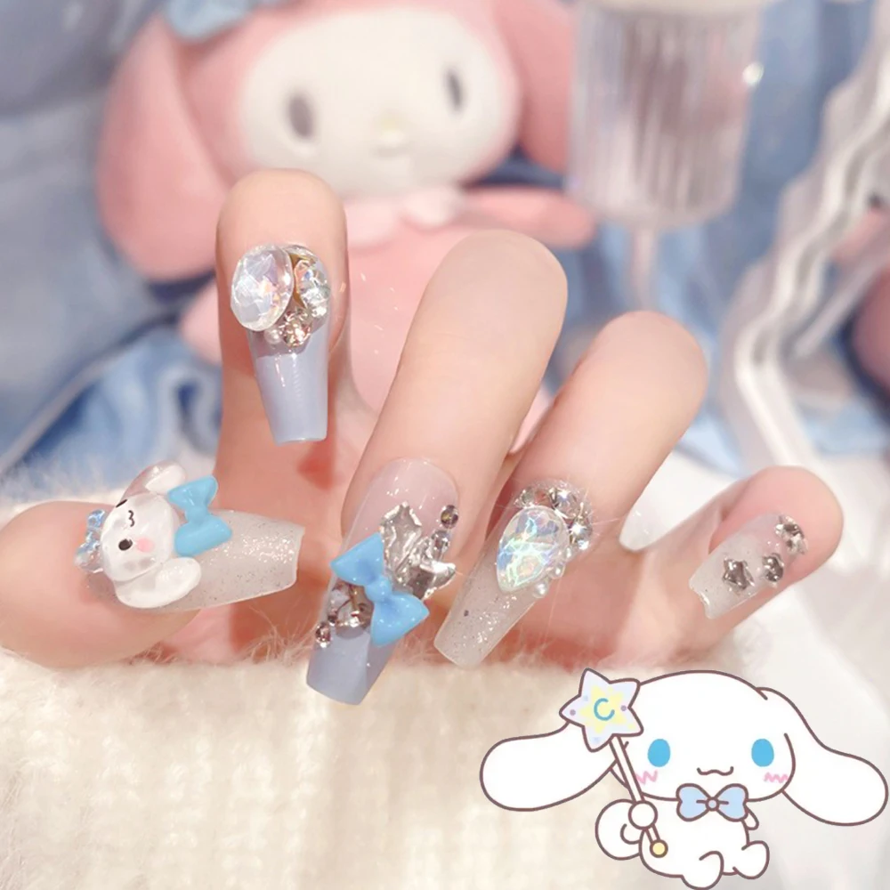 24Pcs Sanrio Cinnamoroll Handmade False Nails Cute Cartoon Bow Rhinestones Nail Patches Kuromi Charms Press on Nails Girls Gifts