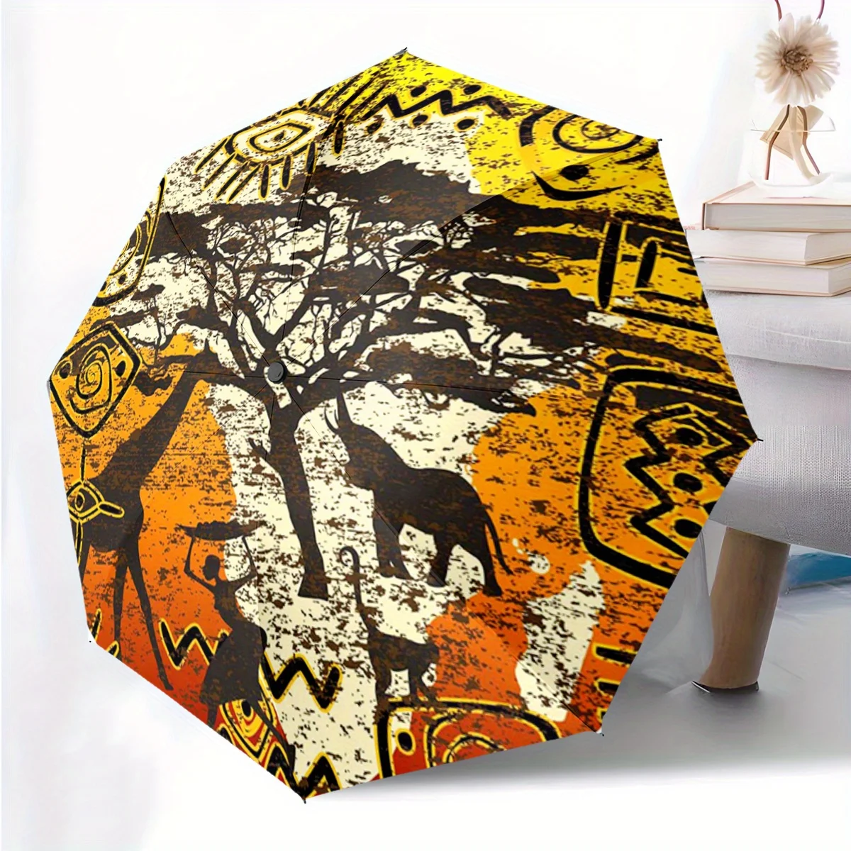 

African Retro Art Pattern Print 1pc Automatic Folding Umbrella, Portable & Foldable Design with 8 Ribs, Casual Outdoor Accesso