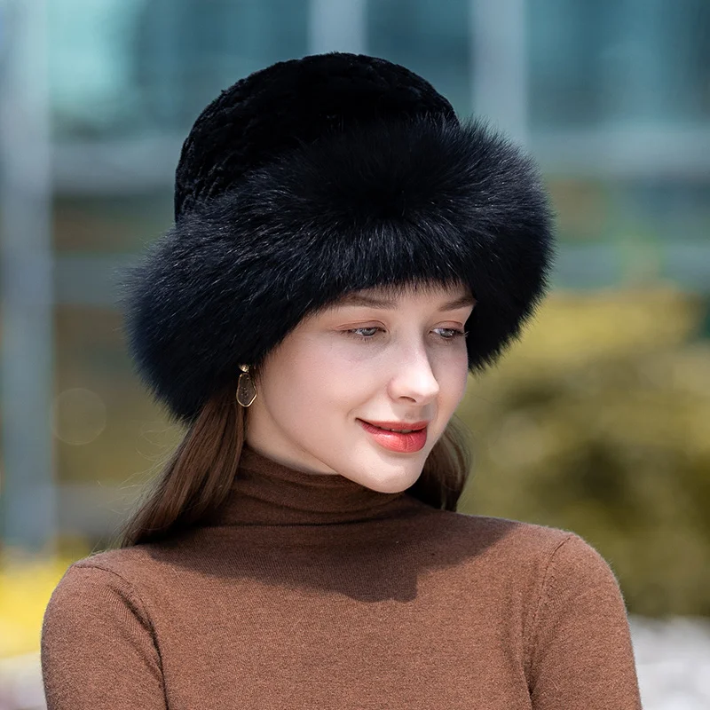 Lady Winter Real Fur Hat Women Warm Knitted Genuine Formal  Rabbit Fur Hat Top Natural Fox Fur Bomber Caps Rex Rabbit Fur Cap