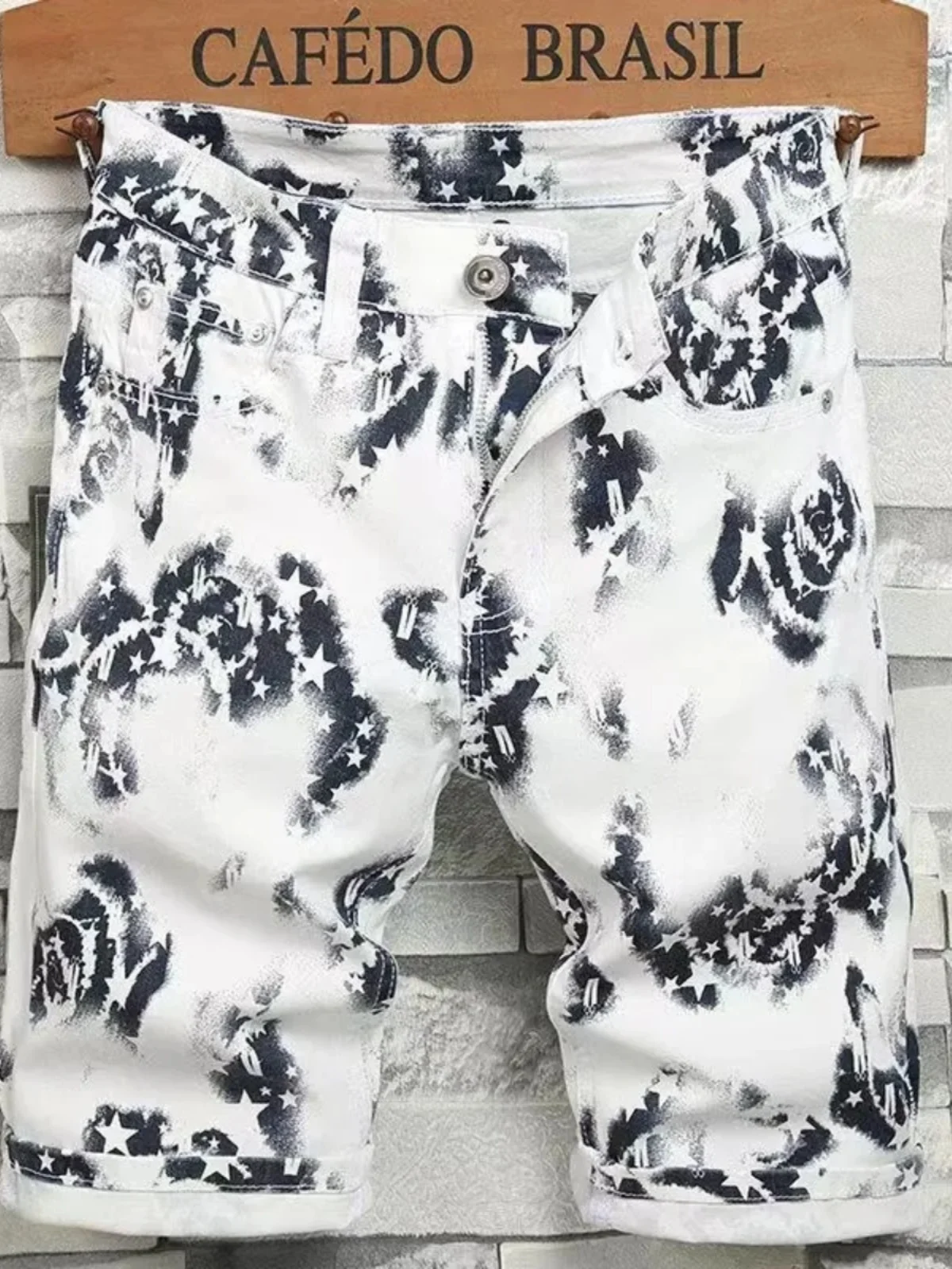 

Slim Fit Printed White Jeans orts Men's Summer Thin Straight Leg Casual Five-Quarter Length Youth Wear Daily Comfortable