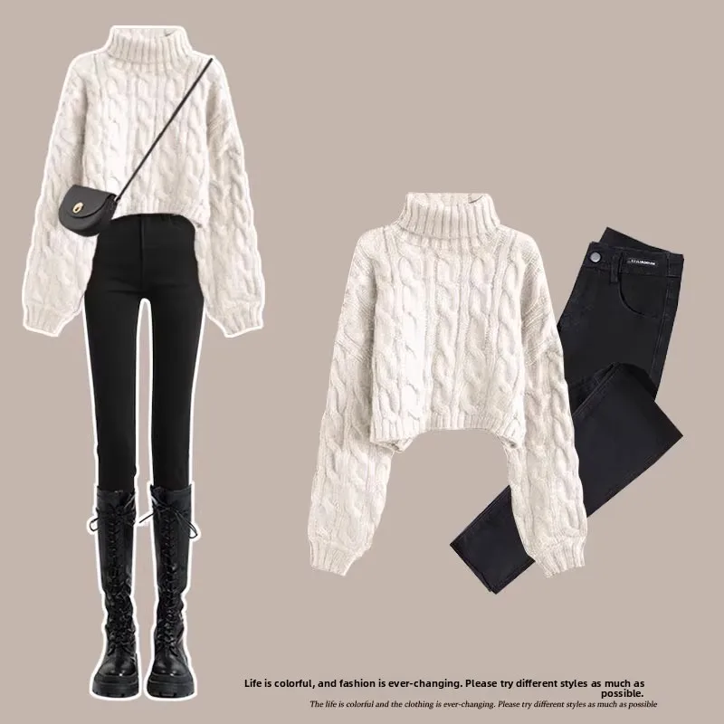 الأحمر عالية الياقة Thiened Fce محبوك سترة المرأة الخريف الشتاء Faion التخسيس جينز رفيع مجموعة تخفيف Sle