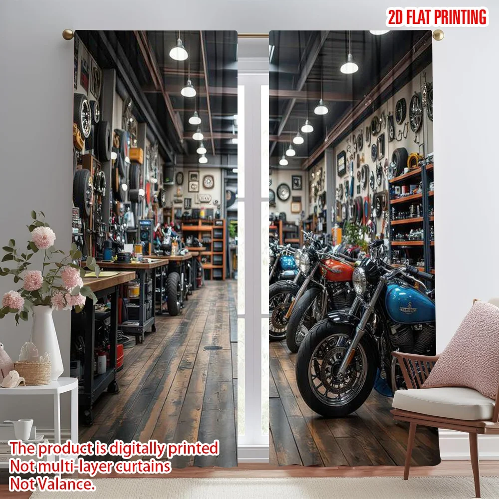 

2D flat printing 2pcs Drapes Motorcycle Workshop Interior Digital Printed Polyester Drapes Birthday Party Perfect for Holiday