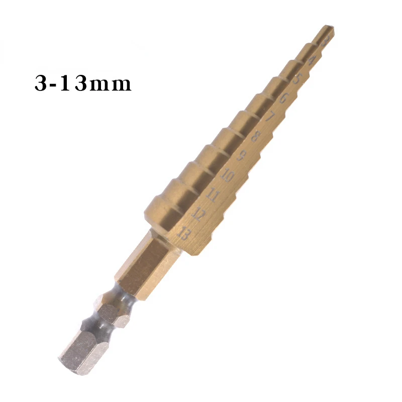 3-13mm Pagoda Drill High Speed Steel Titanium Plated Straight Slot Opener Hexagonal Handle Step Drill Bit