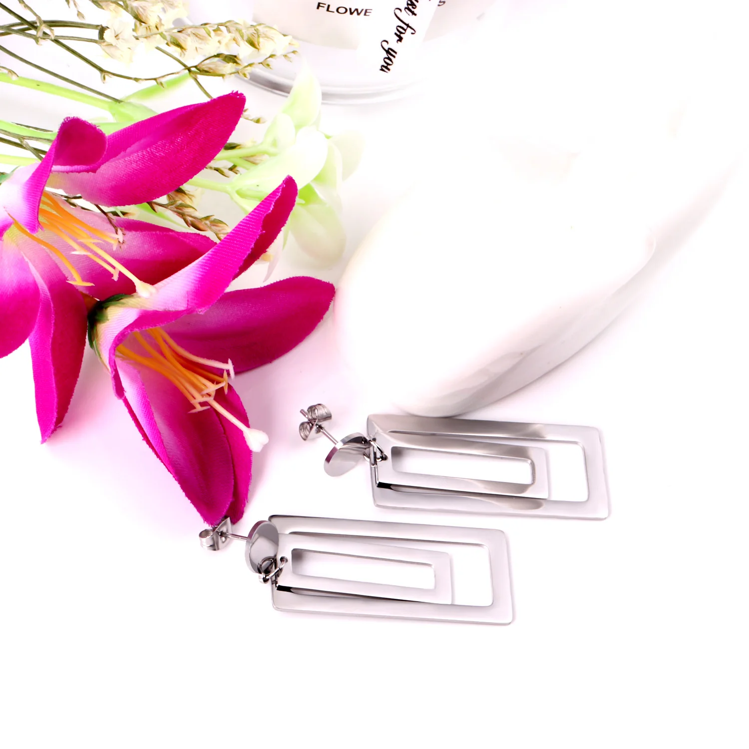 LUXUSTEEL Big Double Rectangle Long Drop Earrings For Women Stainless Steel Studs Earring Punk Female Party Statement Jewelry