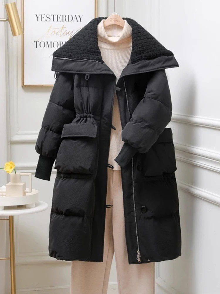 Winter Down Cotton Mid-length Jackets Coats Lapel New Elastic Waist Abrigo Korea Casual Chaqueta Tops Elegant Women Warm Casaco