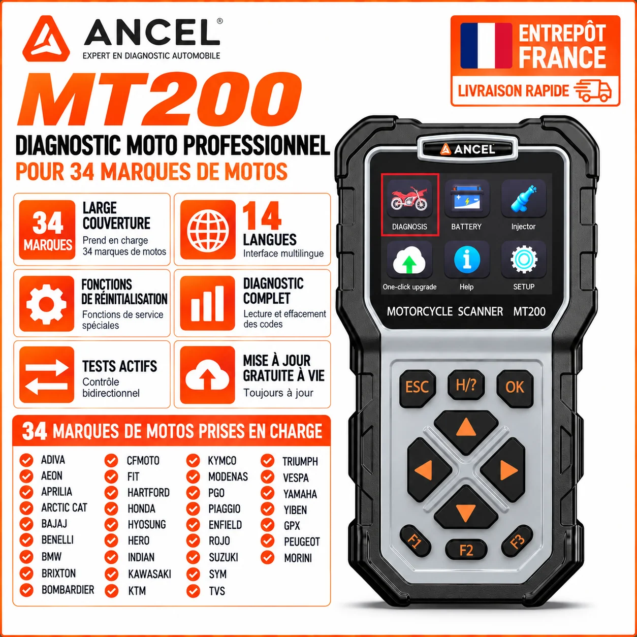 ANCEL MTSeries Motorrad-Diagnosegerät OBD2-Scanner ECU-Diagnosegerät Einspritzdüsen-Test Leerlaufanpassung CO-Trim Fehlercode-Lesegerät für 34 Motorradmarken