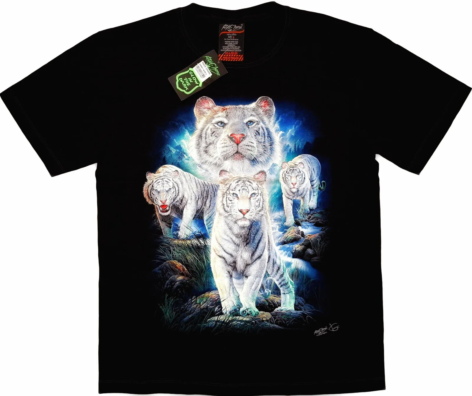 Rock Chang White Tigers HD Cartoon T-Shirt Black 2-sided Glow In The Dark L