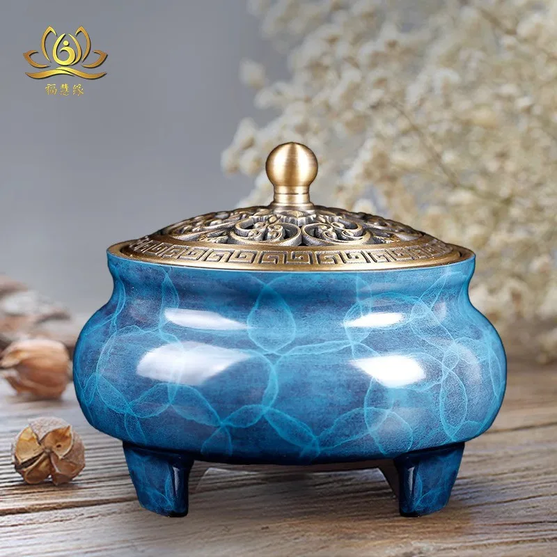 Pure copper , blue-colored, three-legged tripod design, suitable for home use, indoor sandalwood incense burner, i