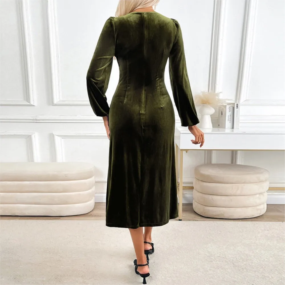 Dresses 2025 Woman New Autumn Retro Party Evening Dress Elegant V-neck Solid Color Vestidos Temperament Simple Style Slim Trendy