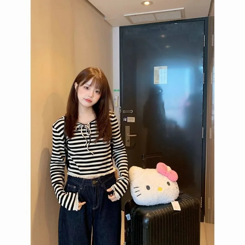 

Femme Spring Summer Korean Printing Color Blocking O-neck Women Clothing Pullovers All-match Drawstring Long Sleeve Bow Top Tee