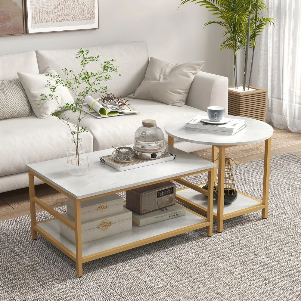 Coffee Tables Set of 2, 2-Rier Rectangle and Round Coffee Table with Storage Shelves, Faux Marble Top and Steel Frame, So