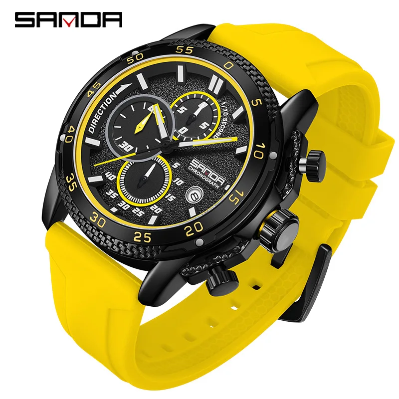 Fashion Sanda Top Brand Sport Watches For Men Waterproof Luminous Chronograph Quartz Wristwatch With Auto Date Silicone Strap