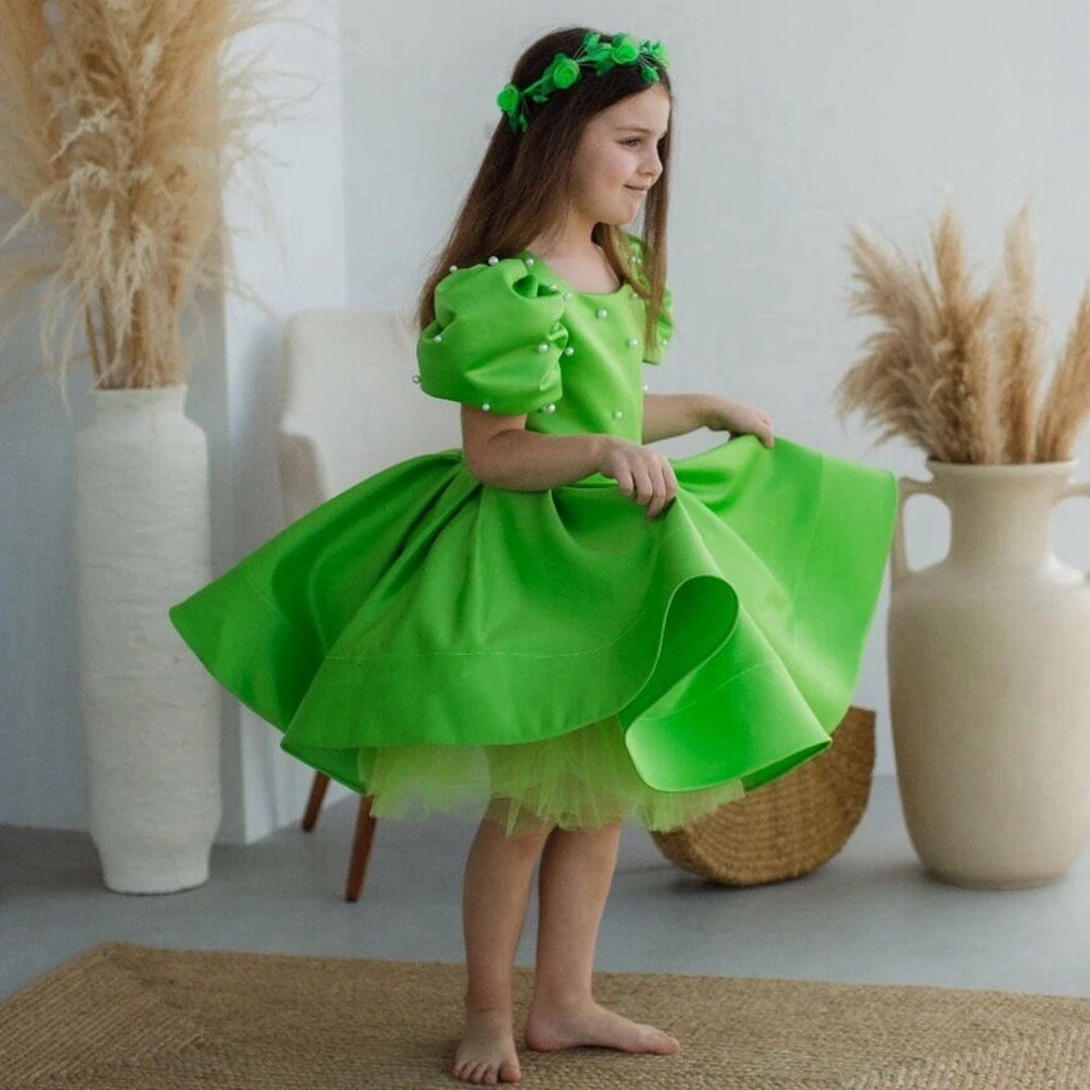 Lovely Grass Green Satin Kids Dresses Puff Sleeves Pearls A Line Flower Girl Dress Fluffy Mesh Beading Tutu Kids Party Gowns