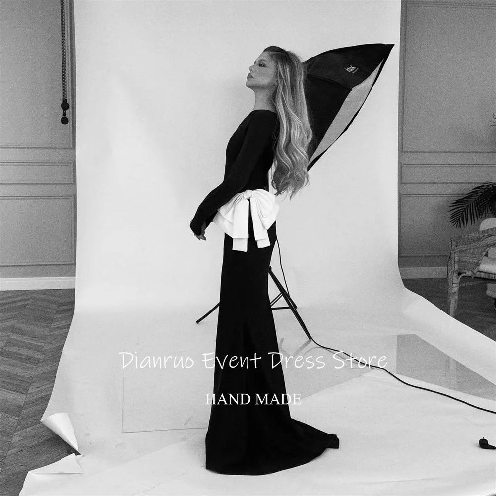 Dianruo Элегантные черные атласные вечерние платья Длинные платья с круглым вырезом Robes De Soirée Русалка с бантом Vestido De Fiesta по индивидуальному заказу