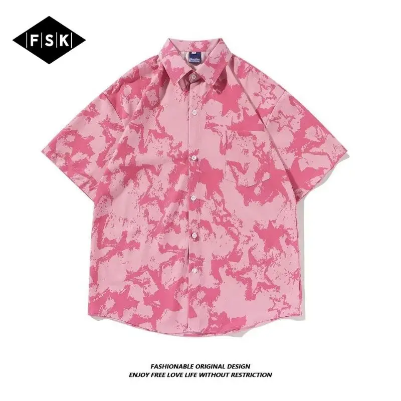 

Розовая мужская модная брендовая уличная свободная и универсальная рубашка с короткими рукавами и звездным принтом для пар