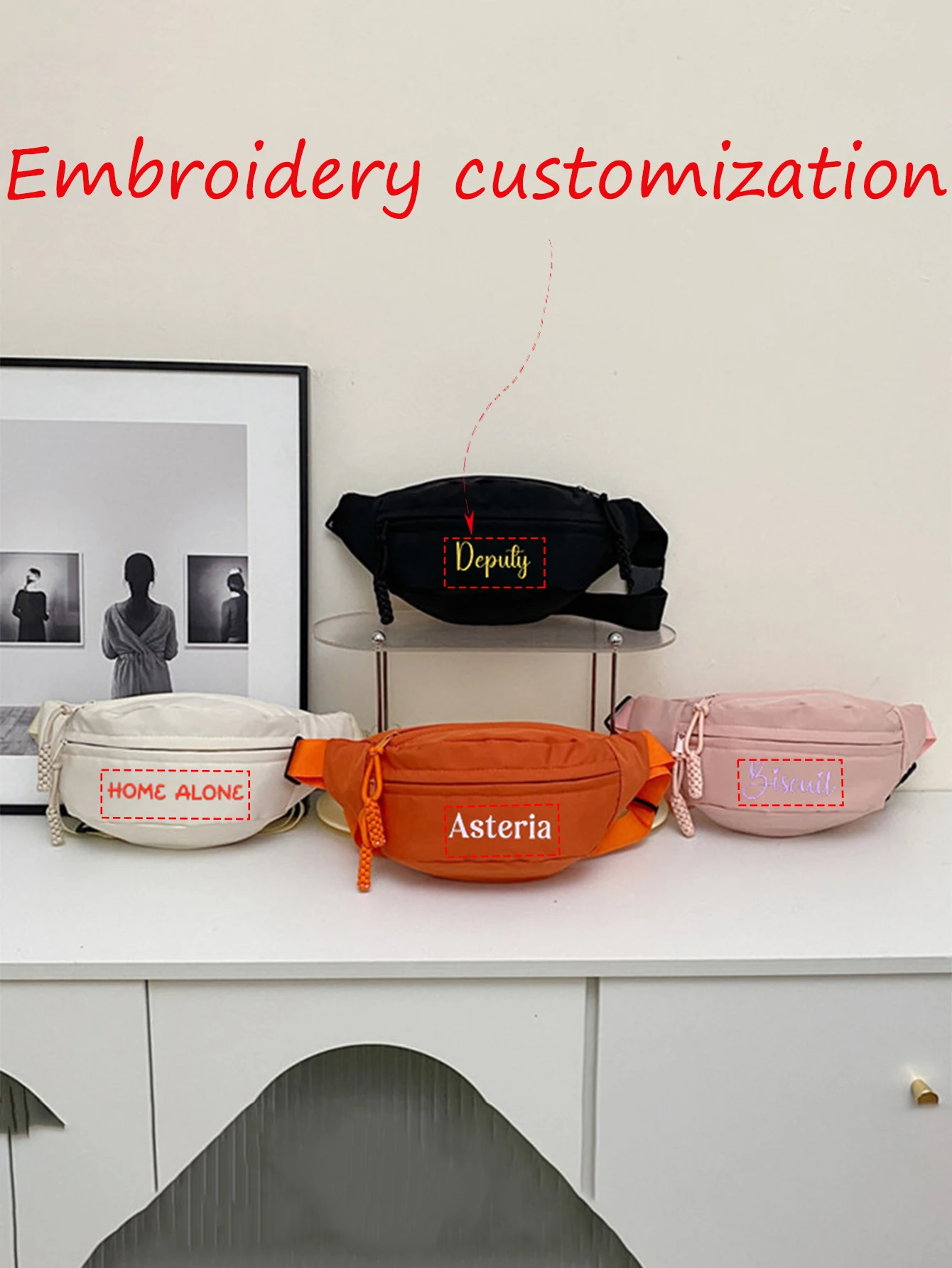 (Please private message customer service) Embroidery graphic DIY customization, nylon waist bag