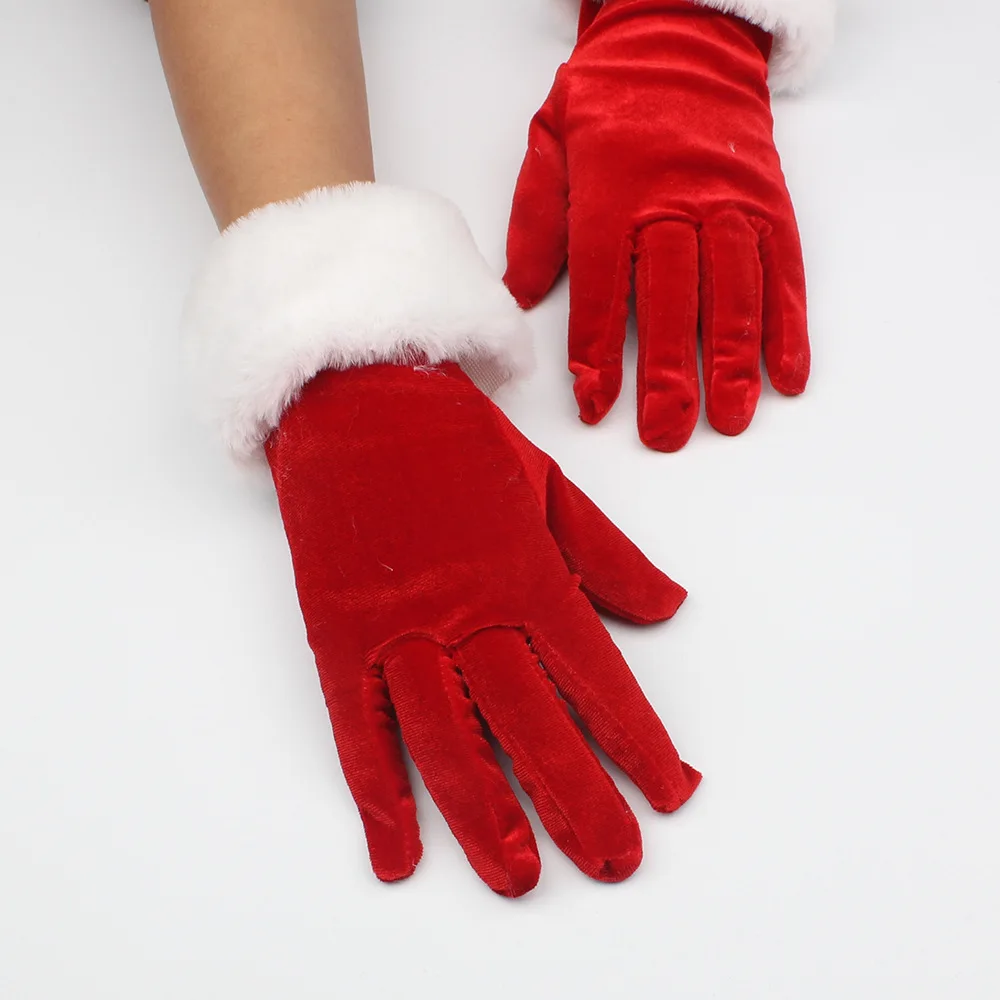 Christmas Evening Stage Performance Etiquette Gloves Cosplay Short White Feathers Red Velvet Mittens Women Autumn Winter Warm