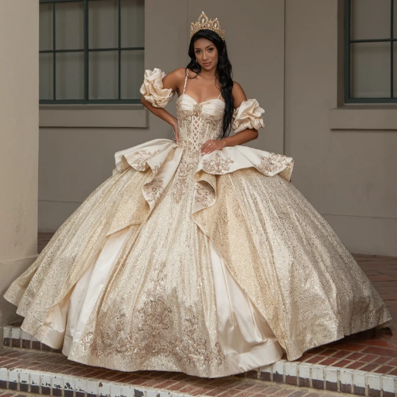 

Light Champagne Shiny Quinceanera Dresses Off The Shoulder Applique Lace Beading Crystal Tull Corset Party Birthday Sweet 16