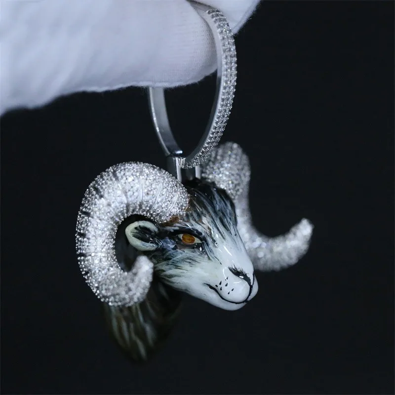 JEWE Custom Enamel Goat Head Animal Pendant S925 Silver White Gold Plated Vvs Moissanite Diamond Iced Out Necklace Chain Jewelry