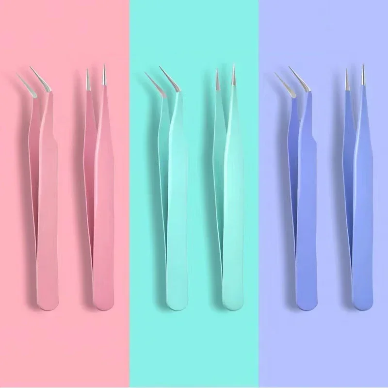 Stainless Steel Colored Straight + Curved Picking Tool Eyelash Tweezers for Nail Art Sticker Rhinestones Makeup DIY Tweezer Tool