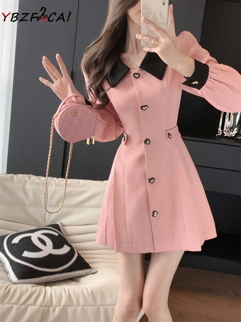 Pink Tweed Dress Women Elegant Luxury 2023 Spring Fall Long Sleeve Lapel Love Button Slim A Line Dress Korean Blazer Short Dress