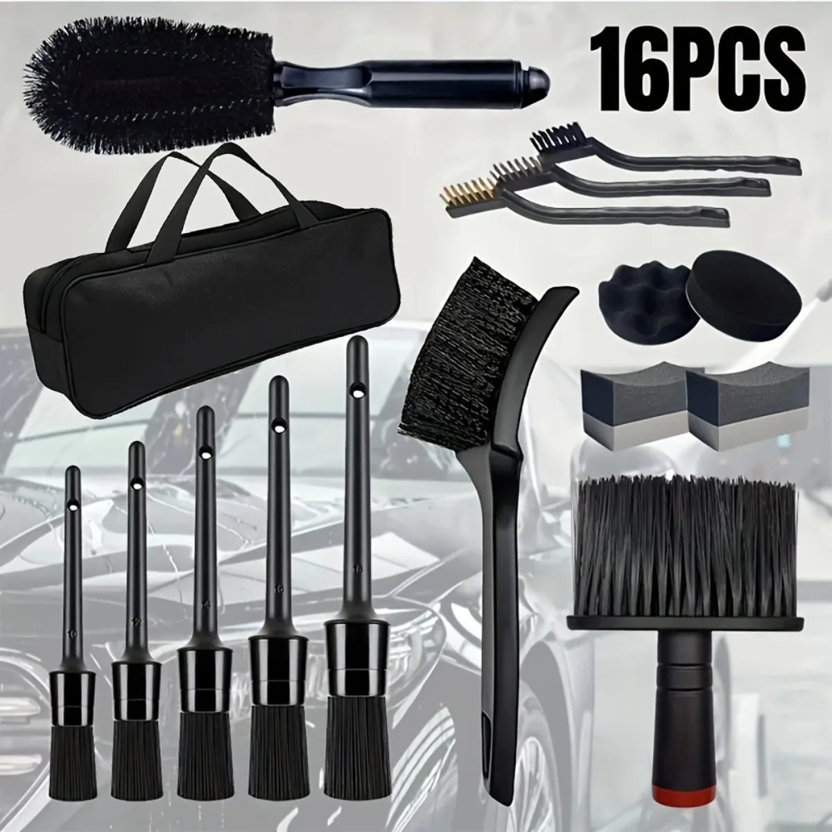 16Pcs Car Washing Brush Tool Kit With Storage Bag Wheel Brush Cleaning Brushes Steel Brushes Uses For Car Detailing Accessories