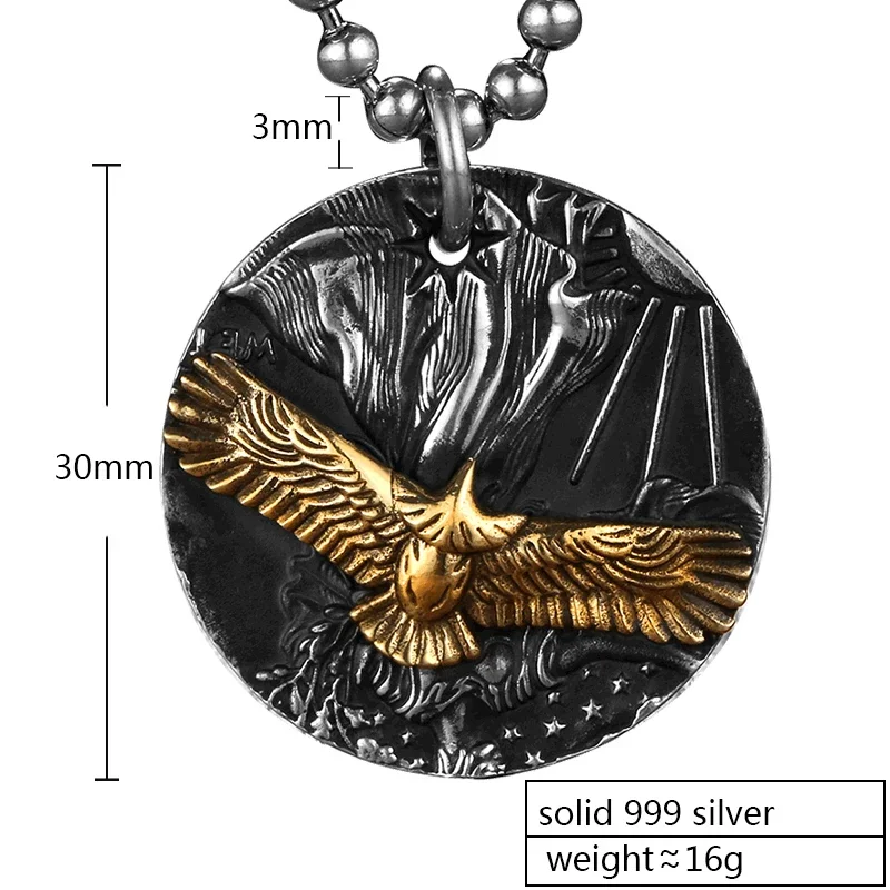 ZABRA Gothic Authentic Pure 999 Sterling Silver Round Brass Eagle Pendant For Men Vintage Punk Rock Thai Silver Jewelry For Male