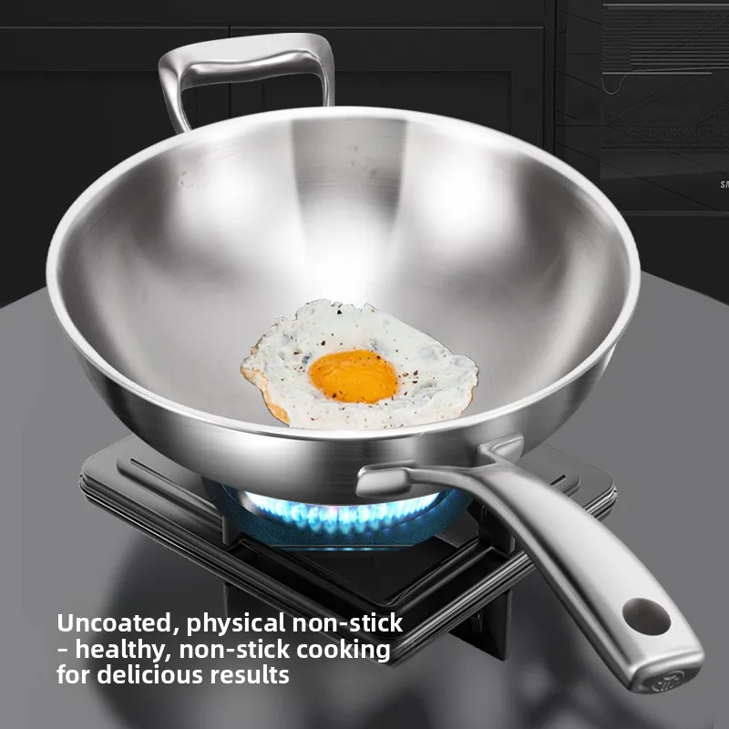 316 Stainless Steel Non Stick Pan, Uncoated Household Non Boiling Chinese Style Stir Fry Pan