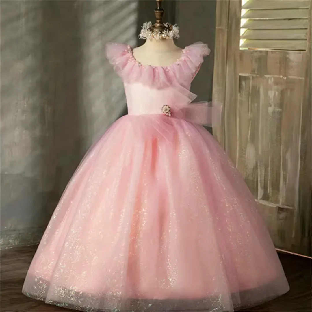Customised Pink Sleeveless Tulle Lace Printing Flower Girl Dress Princess Ball First Communion Dresses Kids Birthday Present