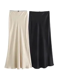 TRAF-Falda larga de satén para mujer, Falda Midi de cintura alta, elegante y a la moda, ropa de calle, 2024