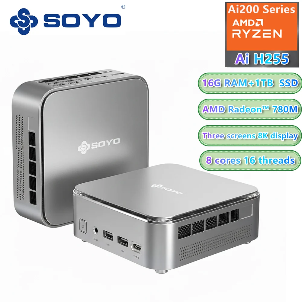 SOYO NcuBox S4 PLUS MINI PC Ryzen 7 H255 DDR5 5600Mhz (Upt 64GB) PCIe3.0 Nvme SSD WIFI6E BT5.2 8K HD Mini PC Diy Gaming Computer