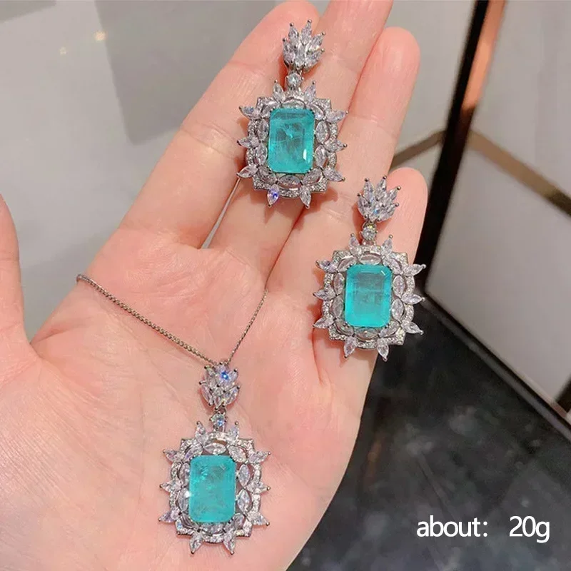 New Paraiba Necklace And Earring Set Blue Colorful Treasure Natural Imitation Jewelry Cotton Flocking Luxury Fashion Sparkling
