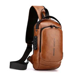 Men's Waterproof USB  Charging Crossbody Bag Anti-theft Shoulder Sling Bag  Travel Messenger PU Leather Chest Bags