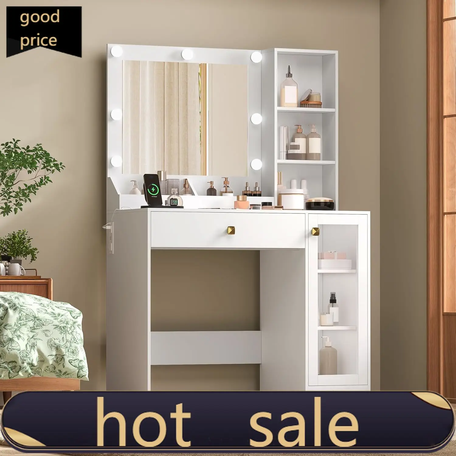 White Vanity Desk with Mirror and Lights, 34