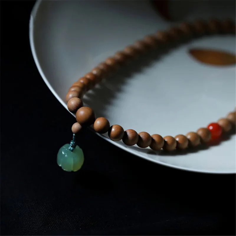 Natural Sandalwood Beads Double Circle Bracelet Aventurine Jade Lotus Pendant Women Buddha Beads Rosary Vintage Charm Jewelry