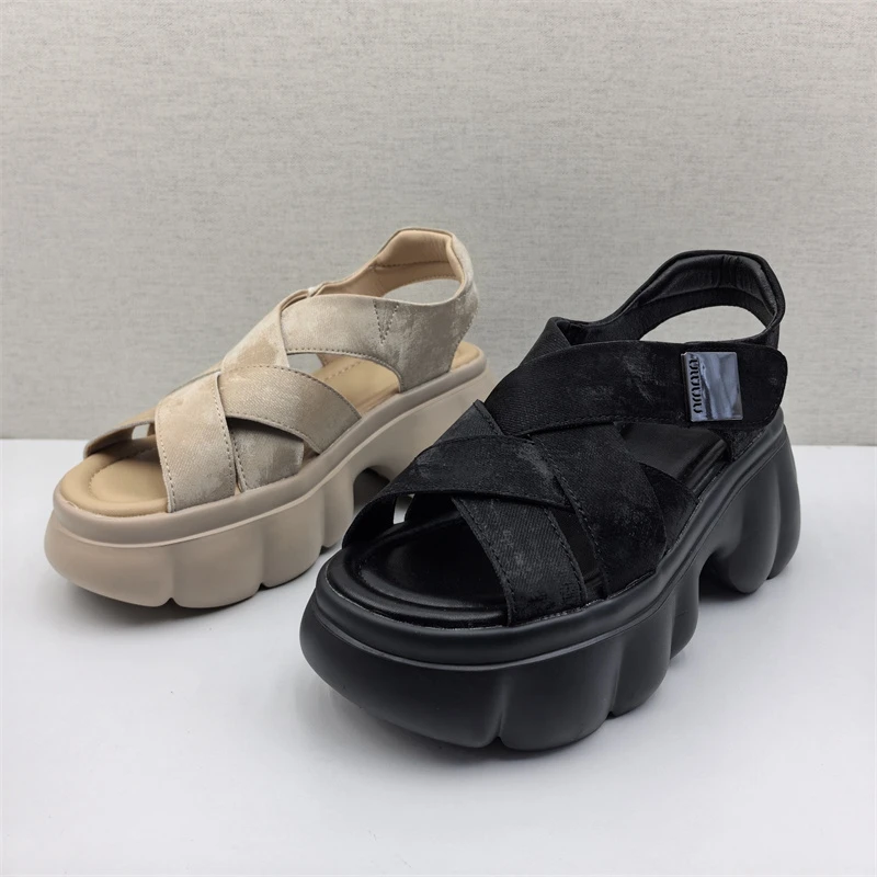 2025 New Summer Crossweave Real Leather High Heel Thi Bot Heightening Roman oes Lightweight Women Sandals Casual Sandals