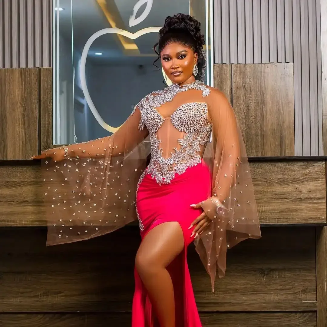 Rosa Meerjungfrau Abendkleid Afrikanisches Schwarzes Mädchen Blase Ärmel Hohe Taille Partykleid Spitze Perlen Hochzeitskleid Maßgeschneidert