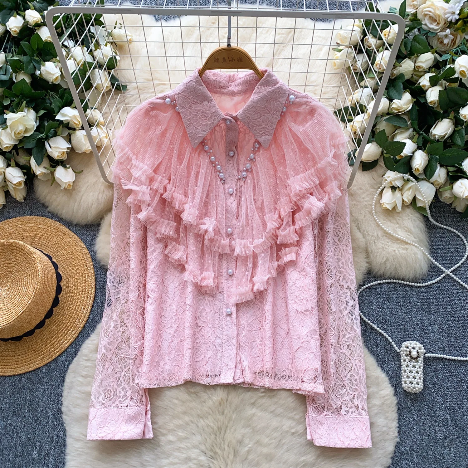 

Women Shirt Coats Casual Blouses Jackets Spliced Lace Beaded Ruffled Turn Down Collar Long Sleeves Slim Office Lady 2025 Autumn