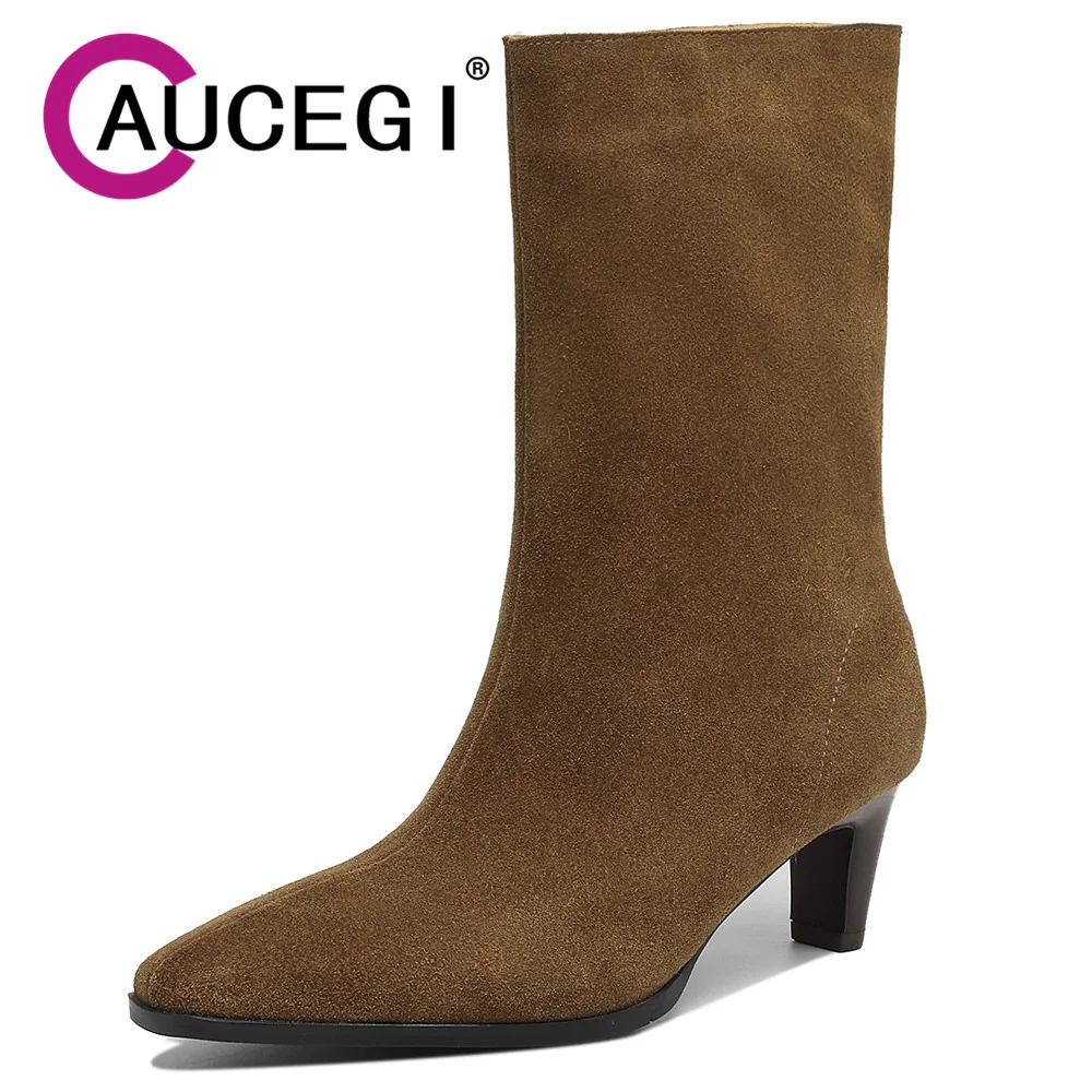 Aucegi New Trend Women Cow Suede Slim Mid-Calf Boots Fashion Small Square Toe High Heels Ladies Slip-on Dress Handmade Shoes