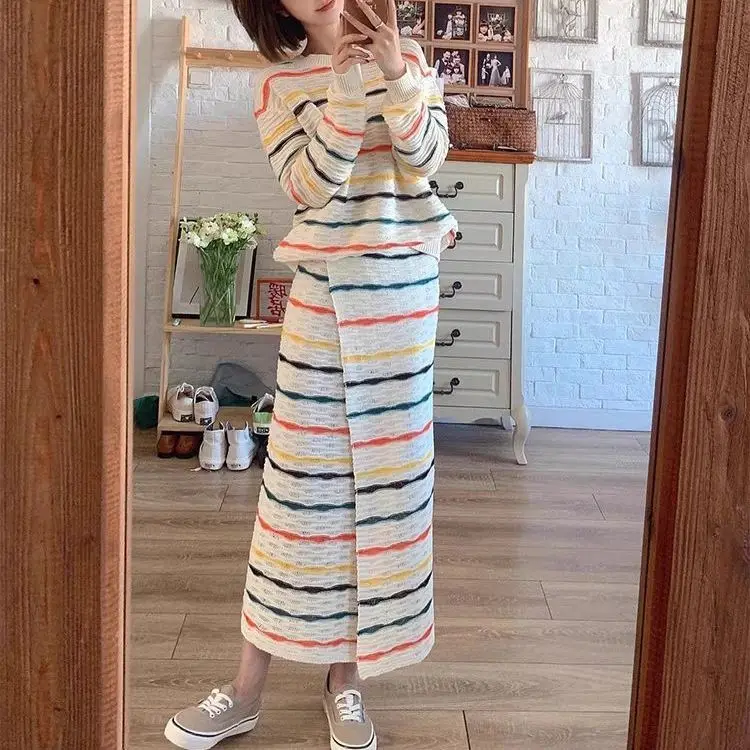 Milk Rainbow Stripe Sweater Set Skirt Women\'s Spring and Autumn Long Sleeve Knitted Shirt Split Half Skirt Two Piece Set