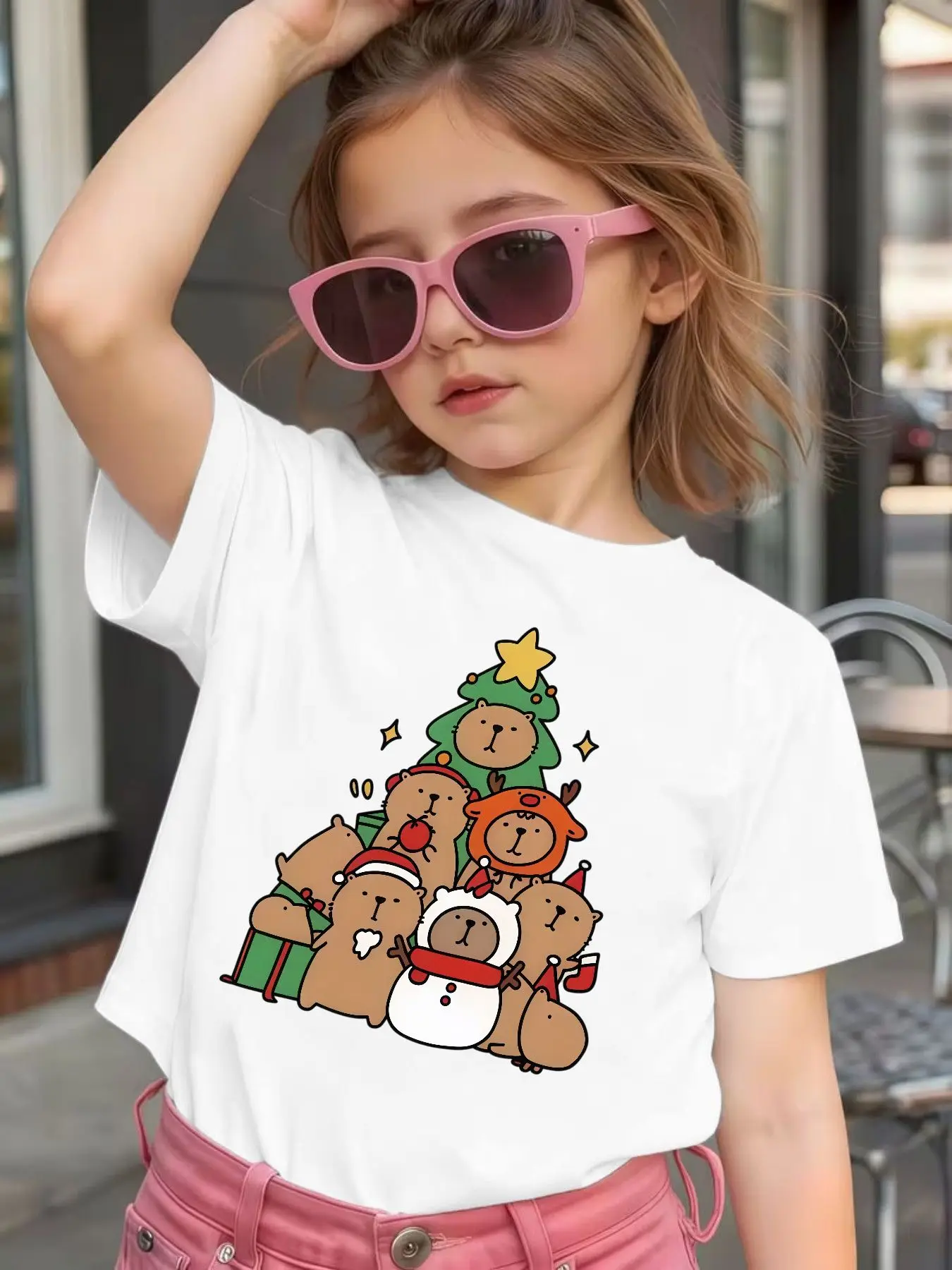 Cute Christmas Capybara Group Cartoon Graphic Kids Tee Boys Girls Family Matching Cotton Crew Neck Short Sleeve Soft Summer Tee