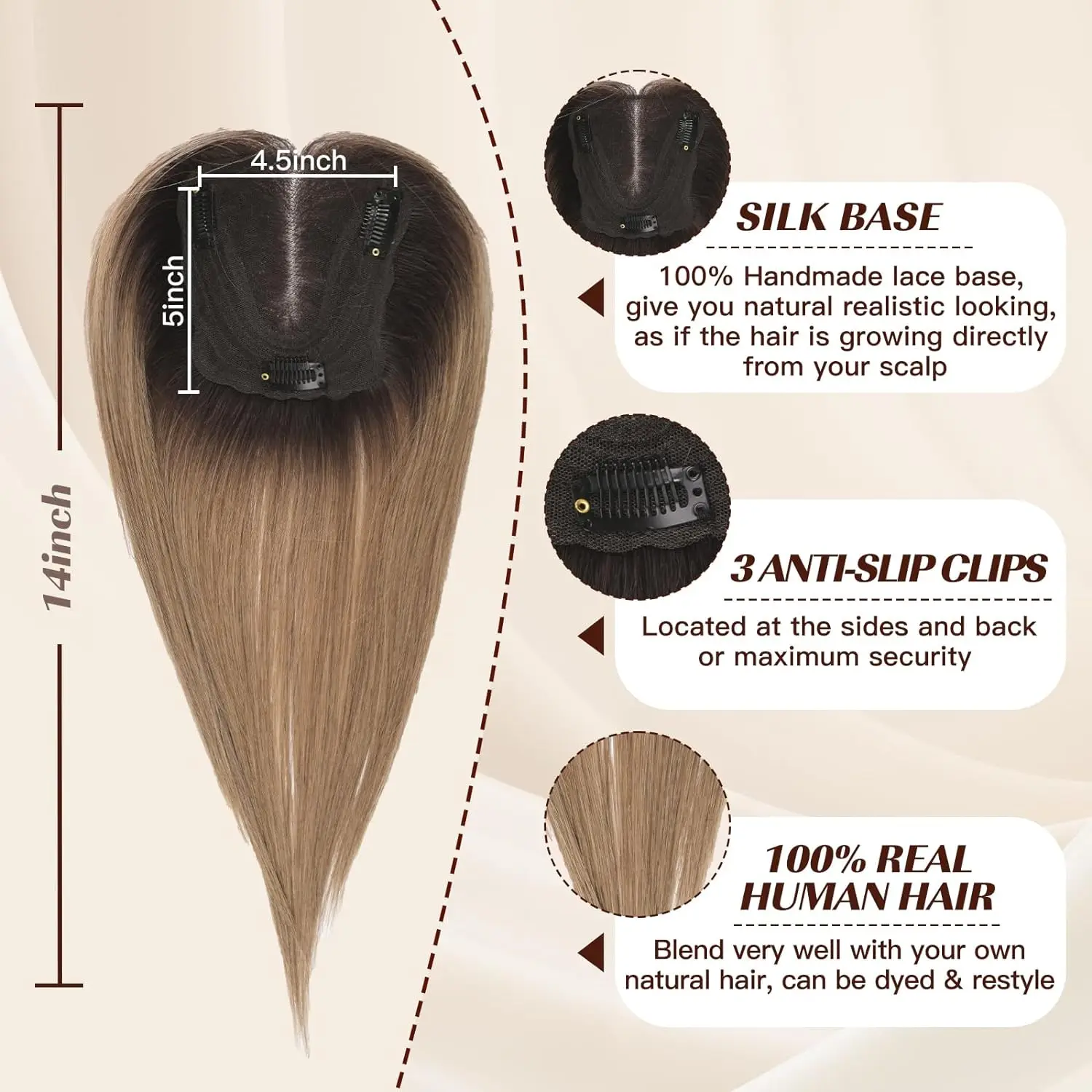 Remy cabelo humano Toppers para mulheres, marrom, ombre, parte média, reta, base de seda, clip em pedaços de cabelo, 100%, 14"