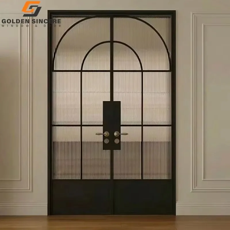 GS Aluminum Arched Glass Interior Door With Grid Pattern Tempered Glass For Living Room And Dining Room Divider