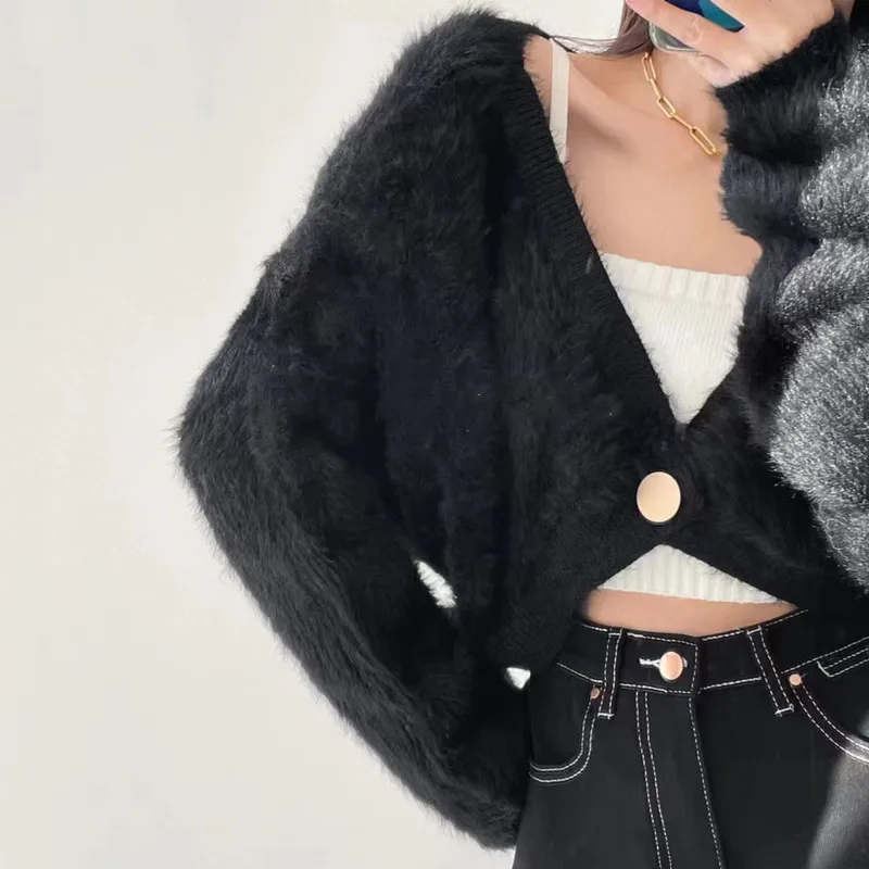 Korean solid color imitation mink one-button short furry jacket women's 2024 autumn loose foreign versatile knitted sweater coat