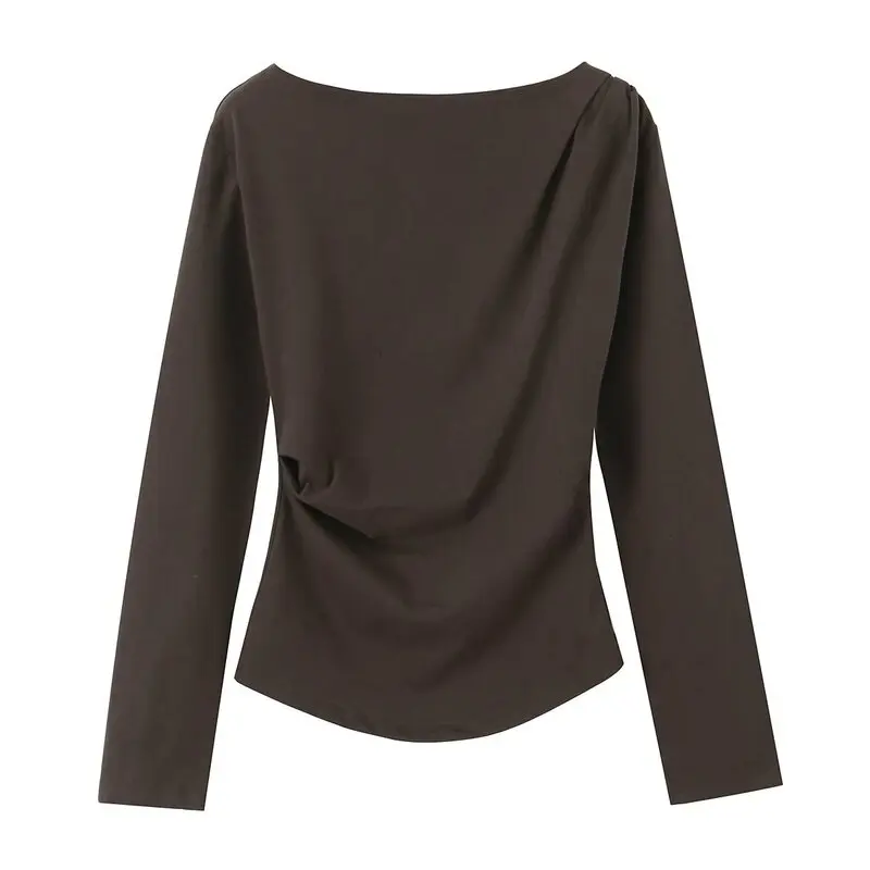 Spring 2025 Women's Long Sleeve T-Shirt New Arrival Side Pleat Decorative Design Commute Style Regular Length Other Material ...