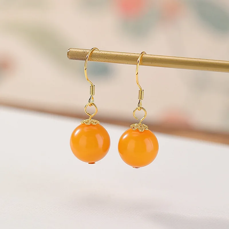 

S925 Sterling Gold-Plated Amber Round Bead Elegant Versatile Silver Ear Hook Earrings