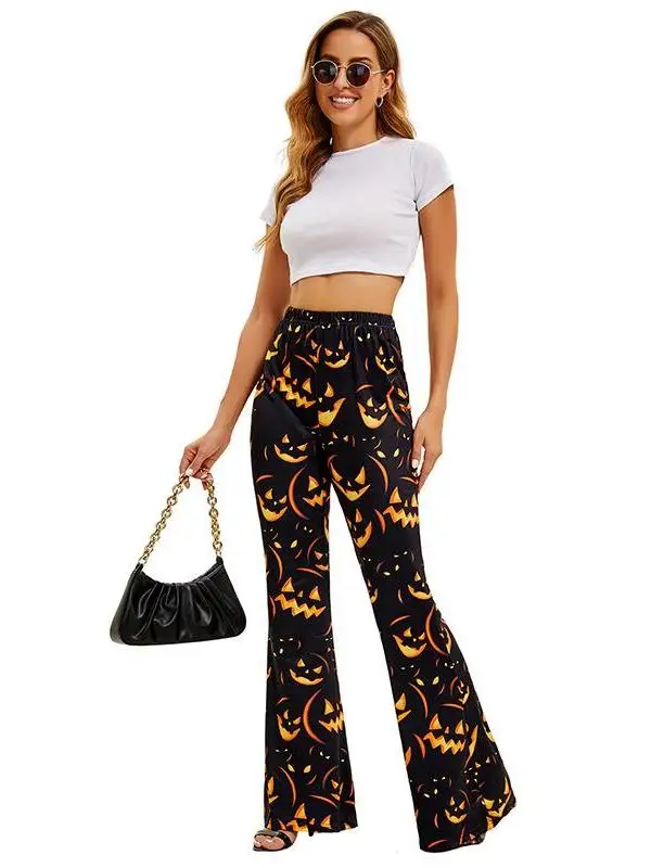 

Halloween Bat Pumpkin Print Women's Pants Ethnic Costume Stage Wear Floral Patterned Trousers Autumn Fashion Ladies' Pants