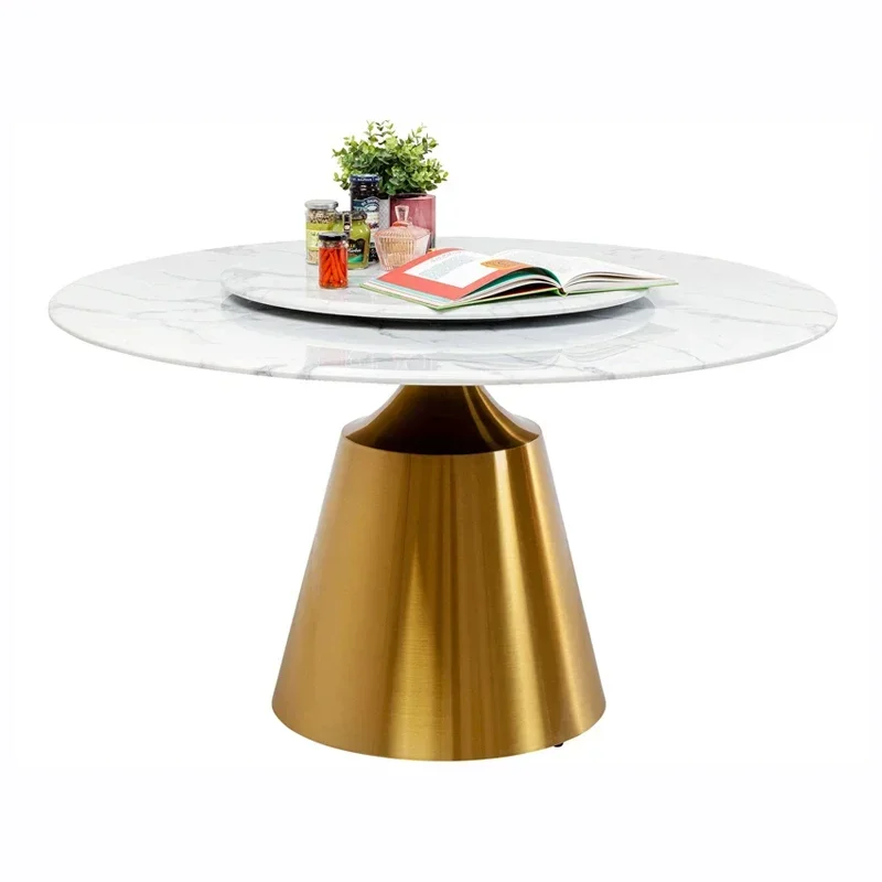 

l # Italian style light luxury villa natural stone stainless steel dining table marble rock slab Customized size round dining t