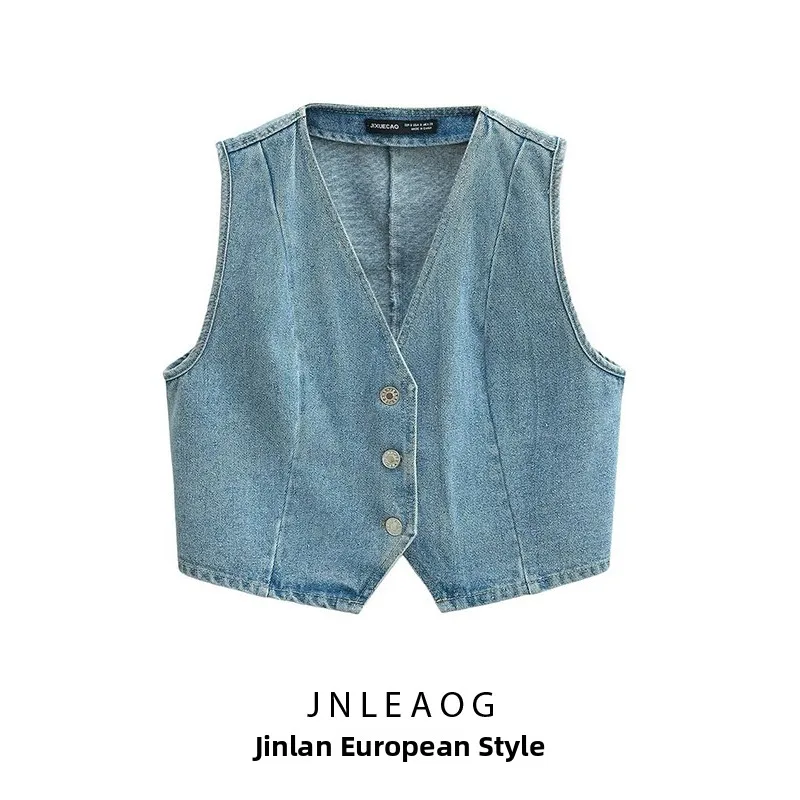 JNLEAOG Frühling Neue frauen Faion Design ort Denim Weste Polyester Faser mittlere Taille Reine Farbe Sommer Casual V-ne Einzigen P...